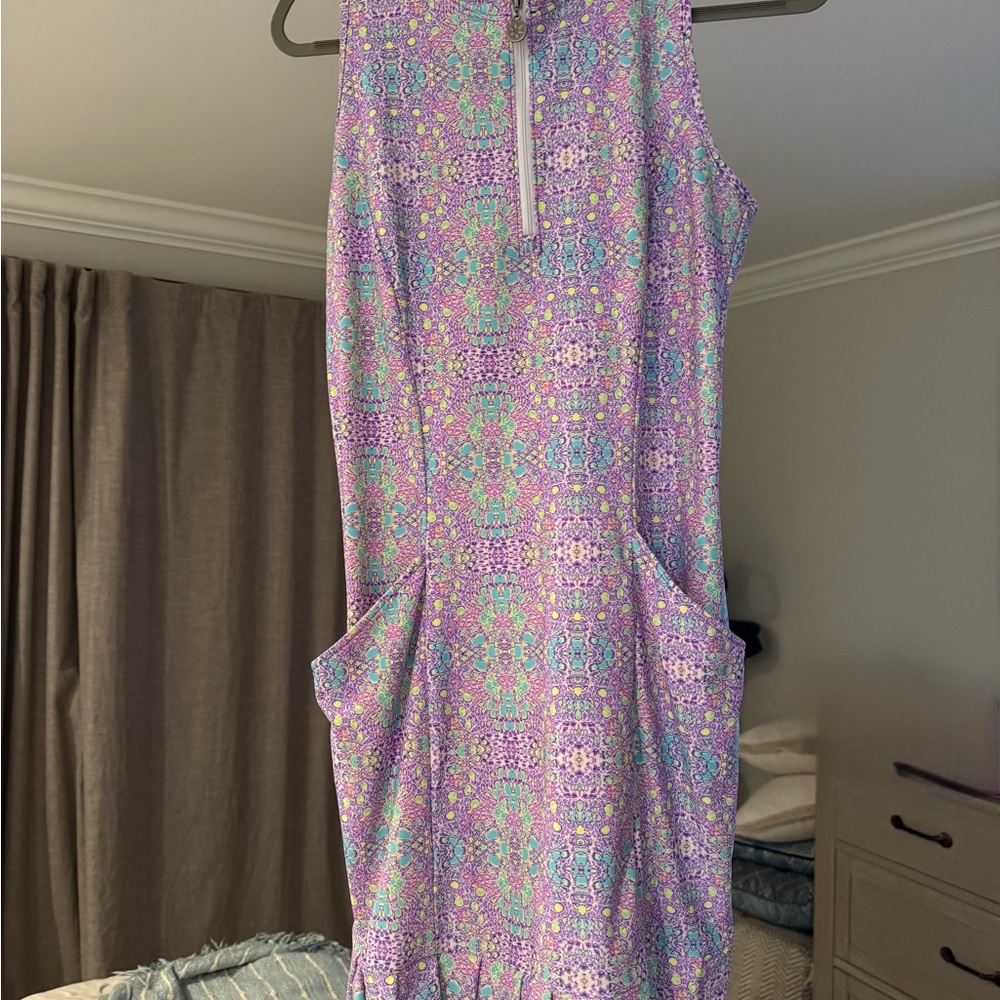 Tzu Tzu Purple and Green Patterned Sleeveless Golf Dress
